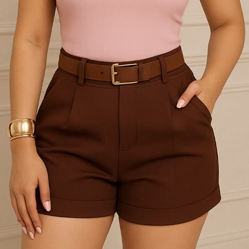 Short Feminino Alfaiataria Social com Cinto Cintura Alta PROMOÇÃO