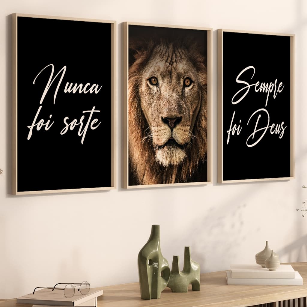 Kit 3 Quadros Decorativos com Moldura Sala Quarto Trio Leão Judá Nunca Foi Sorte Sempre foi Deus