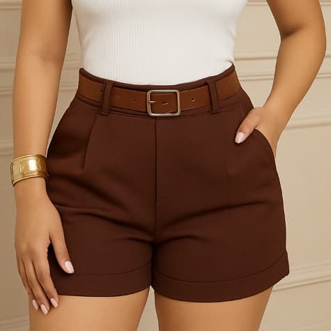Short Alfaiataria Feminino Com Cinto Com Bolso Com Zíper Na Lateral Short Marrom