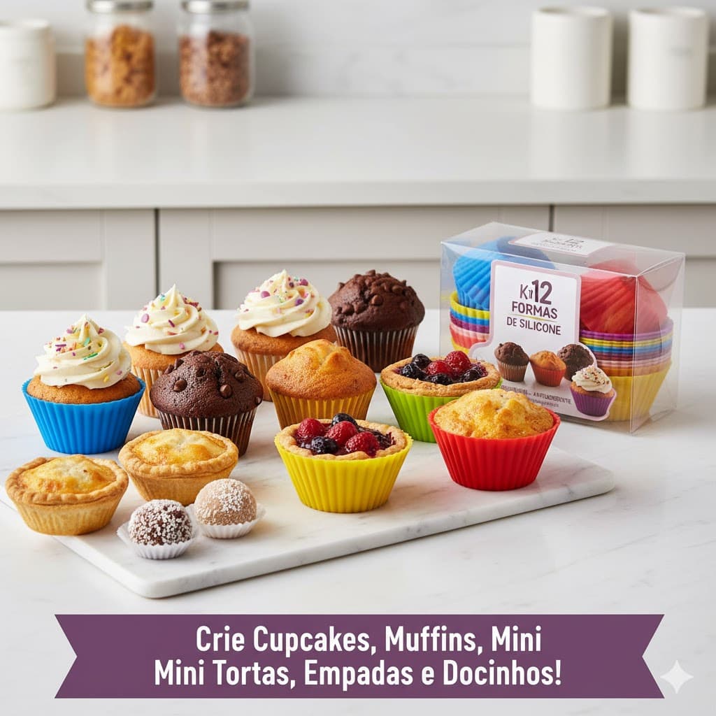 Kit 12 Formas de Silicone Redondas Antiaderentes Reutilizáveis para Cupcake Muffin Bolo Air Fryer