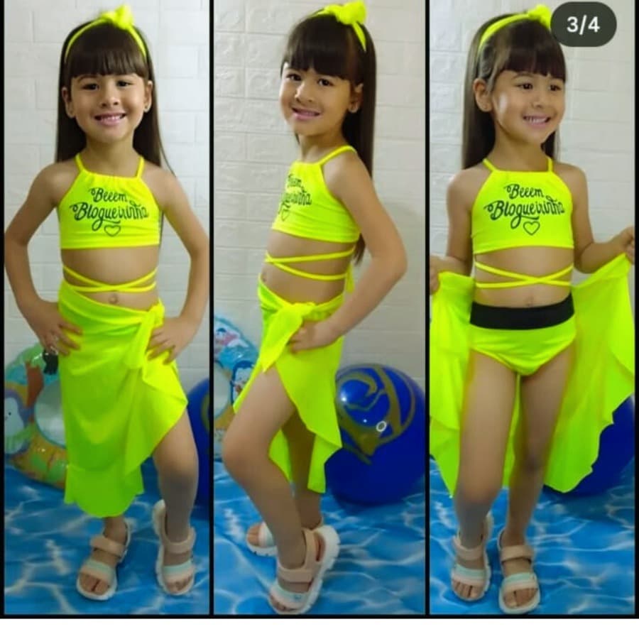 Conjunto Biquíni com Saida de Praia Infantil Juvenil Moda Feminina Tecido Suplex Estampa Aleatoria