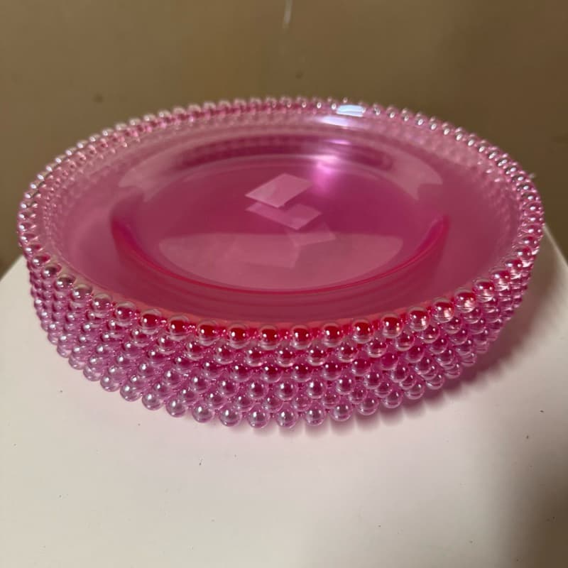 Jogo de prato de vidro rosa com 6 peças raso borda pérola kit conjunto pratos mesa posta rosas pink furta-cor bolinha