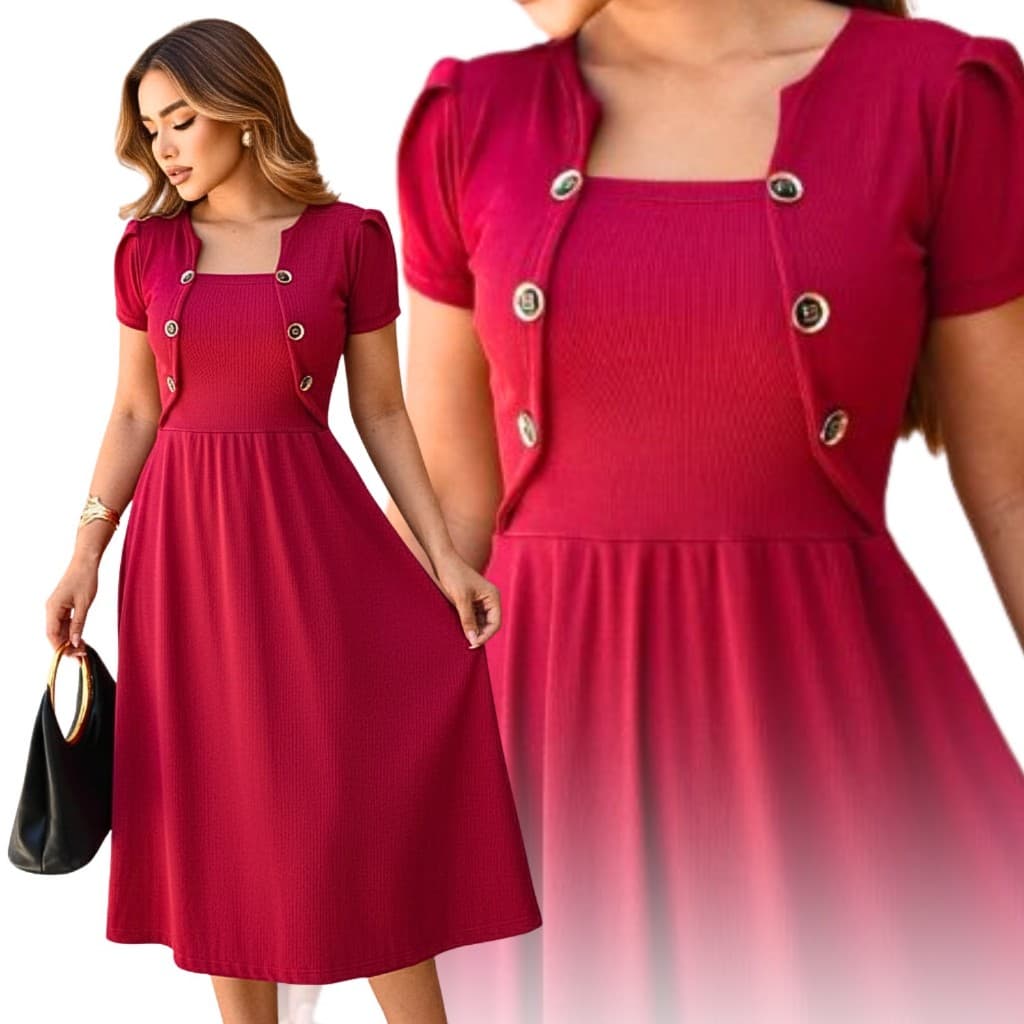 Vestido Midi Rodado Canelado Premium com Blazer Fake Marsala Evangélico Elegante Look Fim de Ano