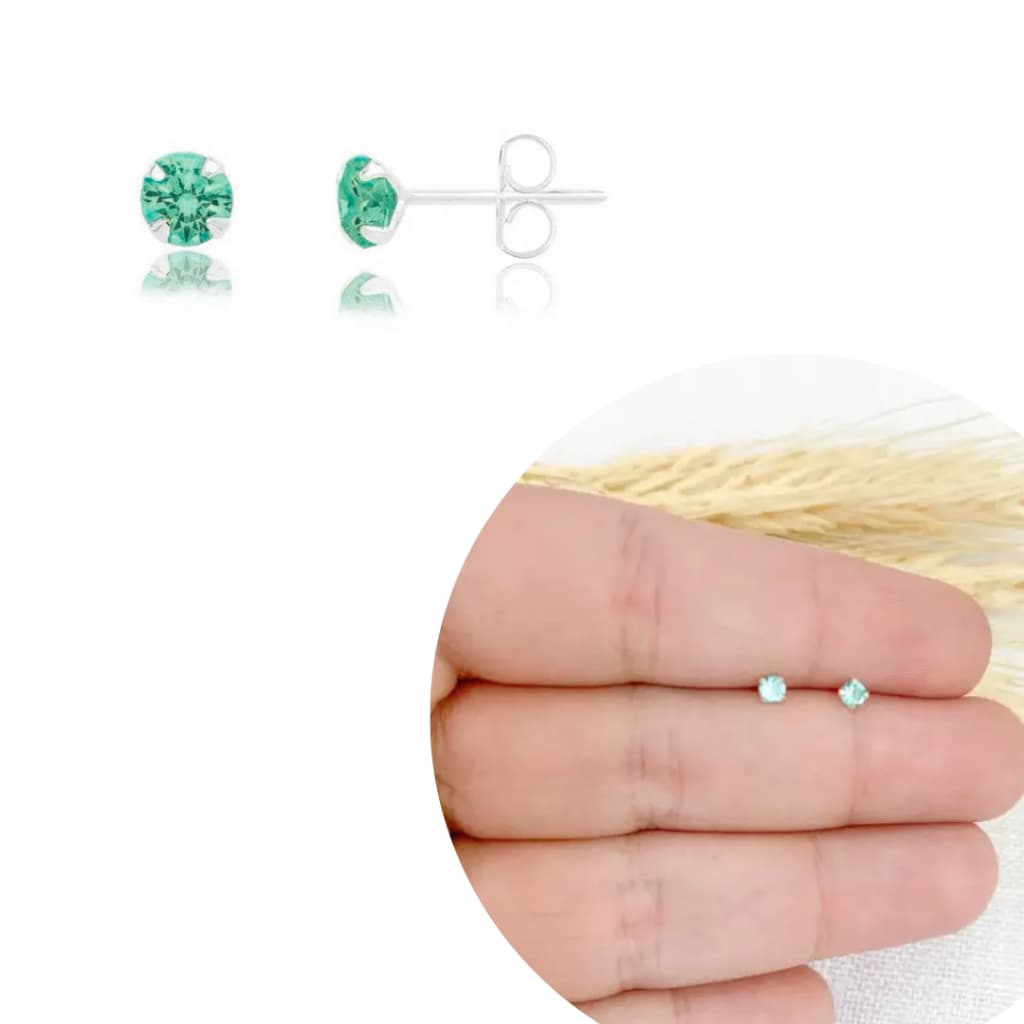 Brinco Redondo Infantil 3mm Pedra Verde Agua Delicado Prata 925 Legítima