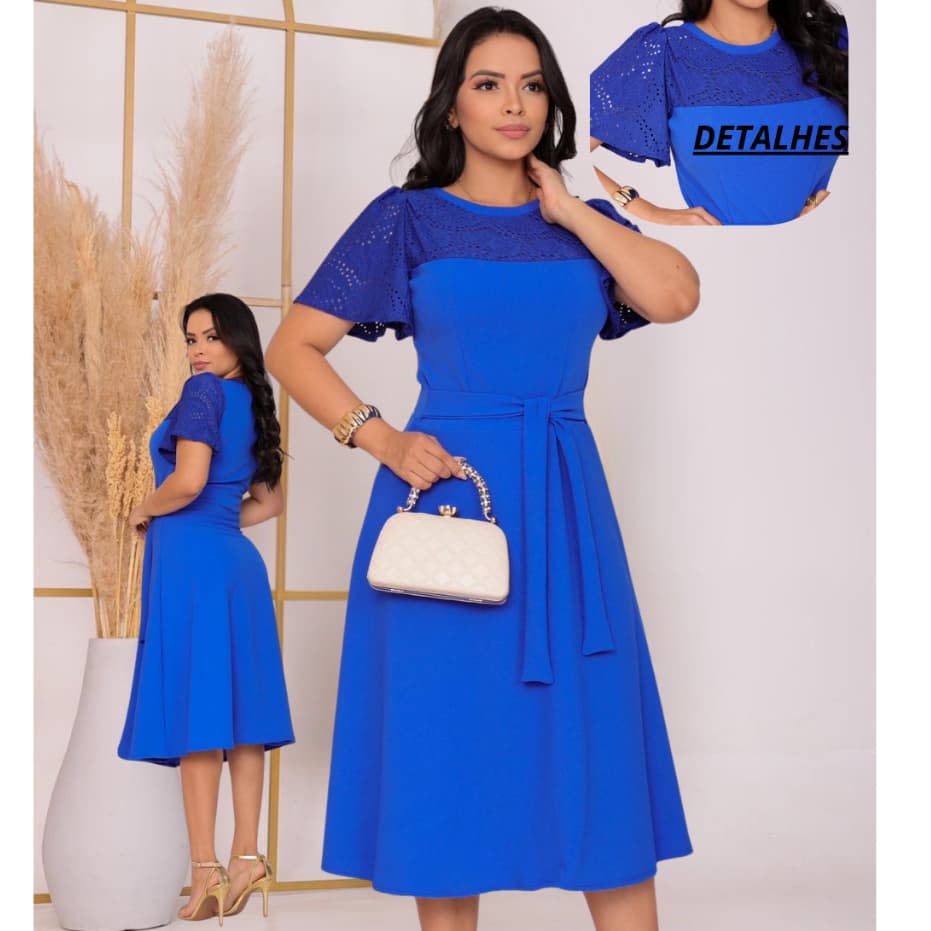Vestido Mídi Feminino Rodado Social Manga Leise Cinto Faixa Moda Evangélica Elegante Festa 38 ao 52