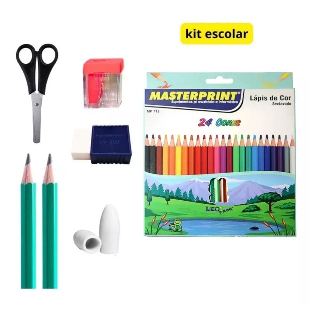 Kit Escolar Masterprint - Lápis 24 Cores+2 Lápis Escrever+2 Borrachas+Tesoura+Apontador com Depósito+Borracha com Cinta