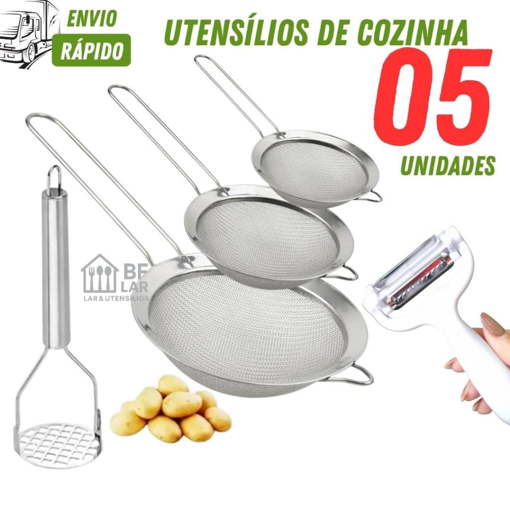 Kit com 3 Peneiras Coadores de 14cm 18cm 20cm  e 01 Amassador de Batatas e 01 Descascador de Legumes
