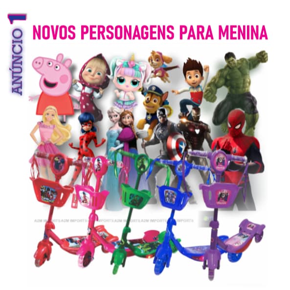 Patinete Infantil Menina Rosa Lilás Personagens Frozen Minnie Barbie LOL Música Luz Cesta + Surpresa