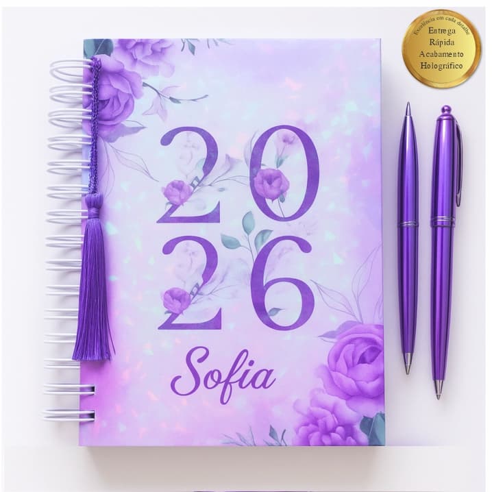 Agenda Personalizada 2026 Floral Holográfica – Com Nome – Miolo Colorido e Delicado