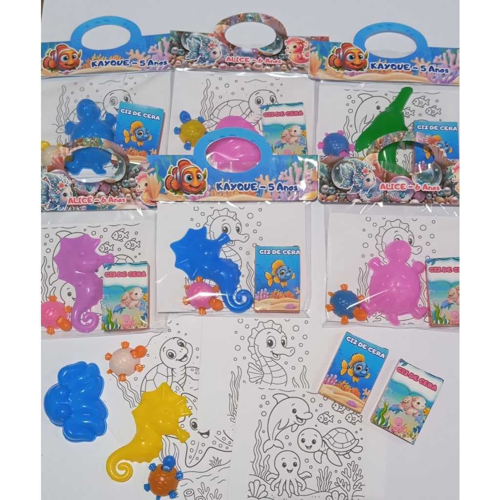 Kit Cards para colorir + Mini giz com 5 cores + mini tartaruga + forminha FUNDO DO MAR Festa Aniversário Lembrancinha