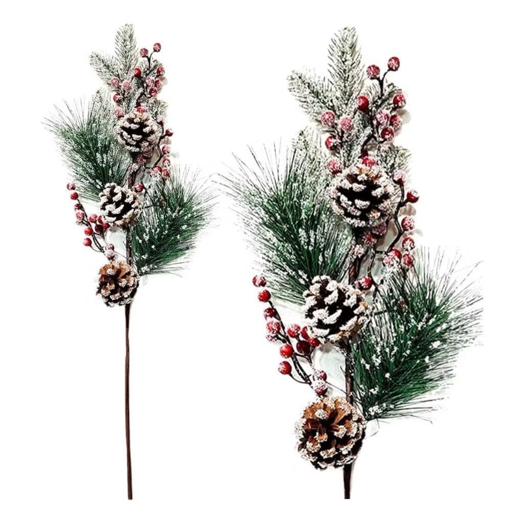 2x Galhos Pick Natalino Com Azevinhos E Pinhas E Nevada 78cm