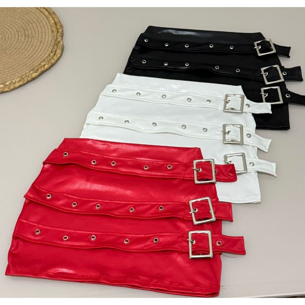 Saia Feminina Triplo Cinto em Cirrê Acetinado Tendência Moda Blogueira Festa Cintos