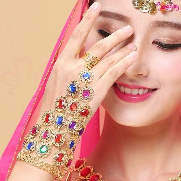 Pulseiras, anéis requintados para o dedo médio para apresentações de dança indiana, joias em estilo étnico.