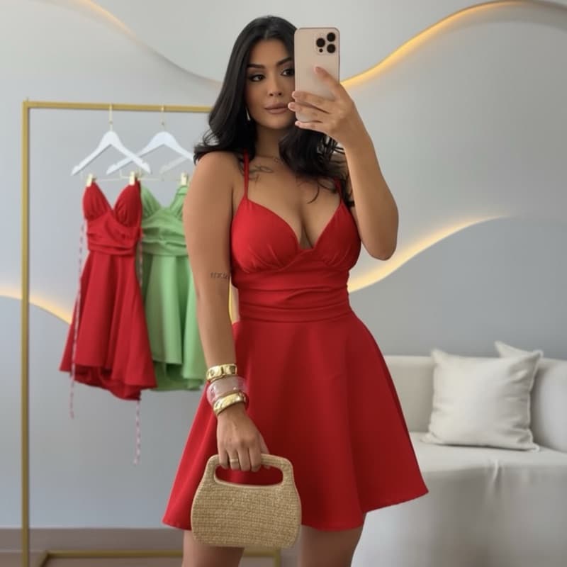 Vestido Feminino Midi Candy Alças Finas Decotado Festa Verão Casual Estilo Elegante