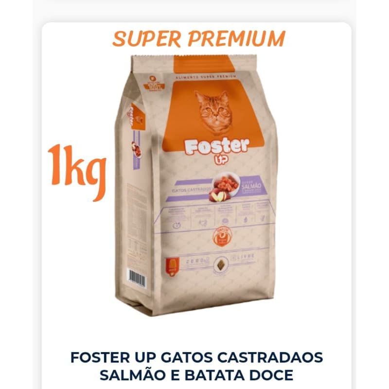 1kg FOSTER UP SUPER PREMIUM, Gatos Castrados, Salmão com Batata Doce, ração super Premium para gatos adultos castrados.