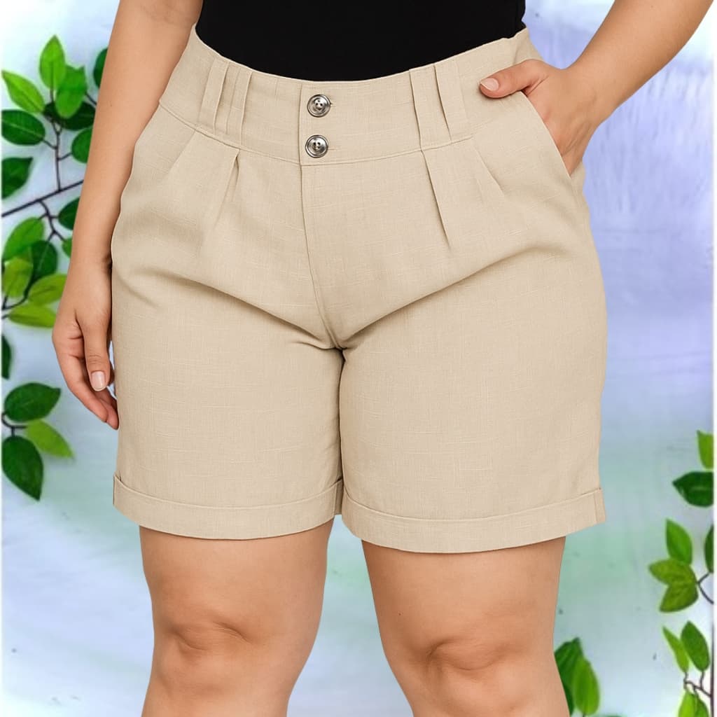 Shorts Feminino Linho Verão 2025 - Detalhe em Botões e Cintura Alta - Confortável e Tendência