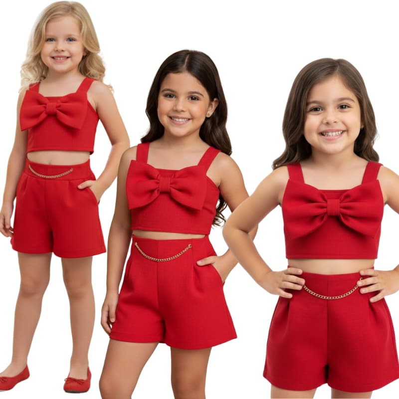 Conjunto Infantil Festa Luxo Natal– Laço Grande no Cropped + Short com Corrente – Premium e Estiloso