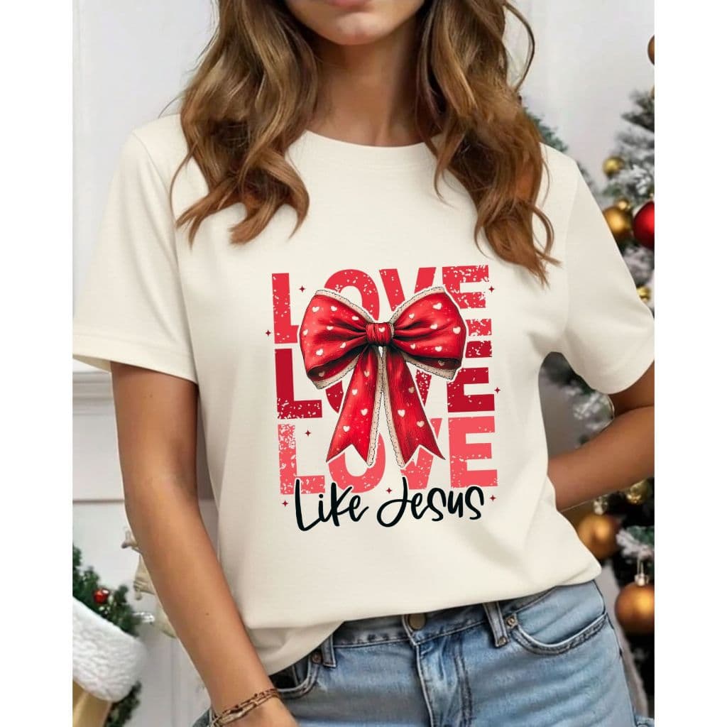 camiseta feminina love like jesus t-shirt cristã fé  blusa laço vermelho coração inspiração 100% algodão premium