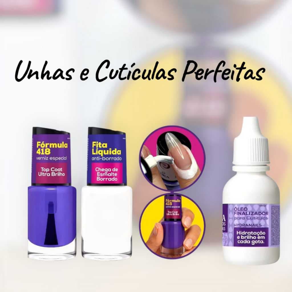 Kit Unhas e Cutículas Perfeitas Cora: Fita Líquida + Top Coat  Fórmula 418+ Óleo Finalizador Lavanda Para Cuticulas Cora