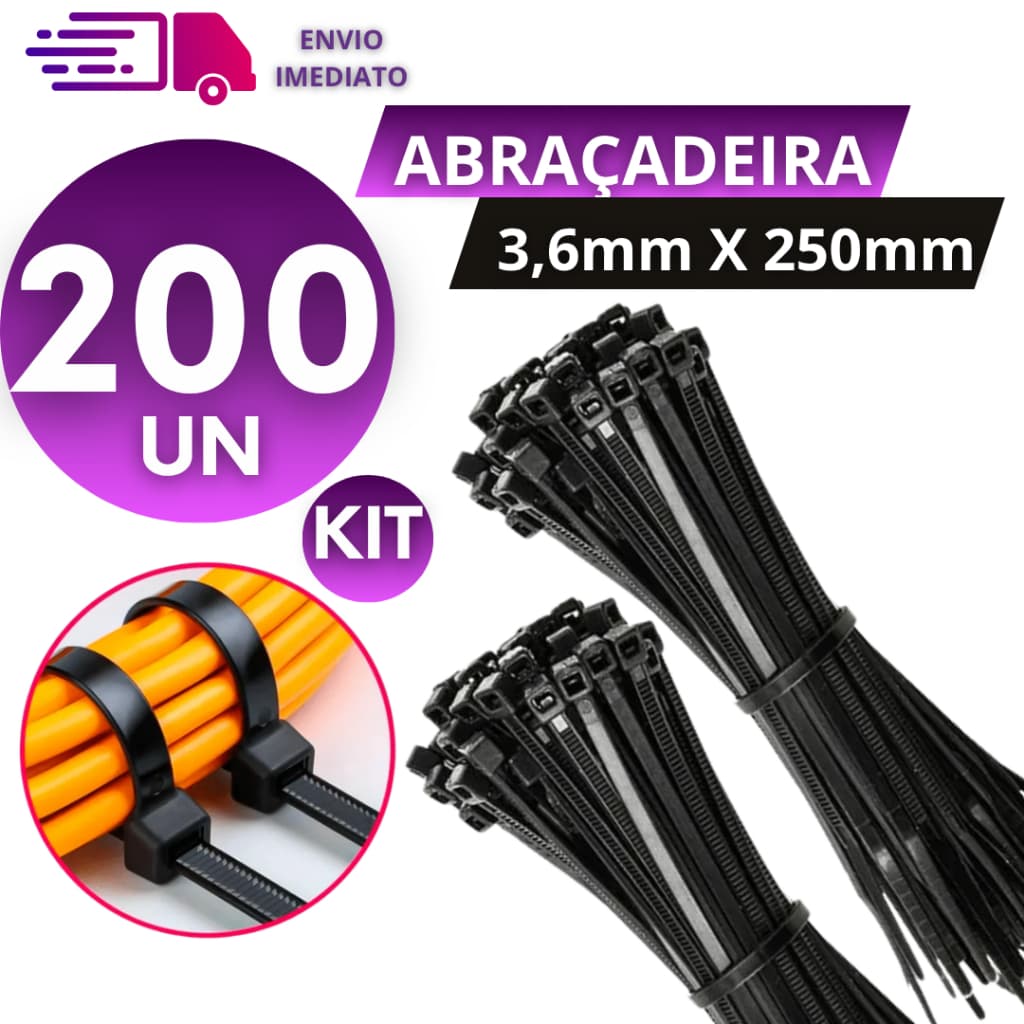 Kit Abraçadeiras de Nylon 3,6X250mm Preto 200 Unidades Cinta Plástica Enforca Gato Resistente Durabilidade e Qualidade