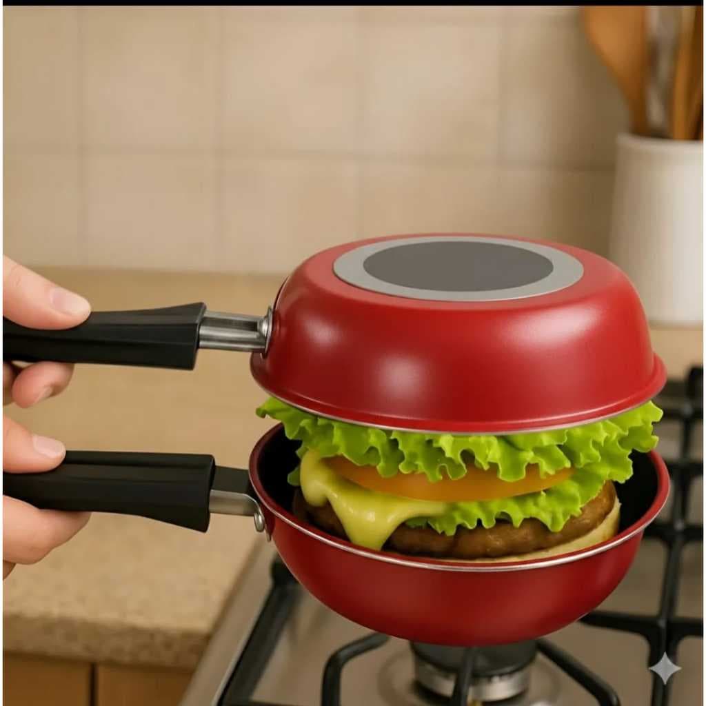 Frigideira Dupla Antiaderente Hamburguer Inox Omelete Rápido Prático  Não Gruda Cozinha Sanduíche Alimentos 14cmPreto 14