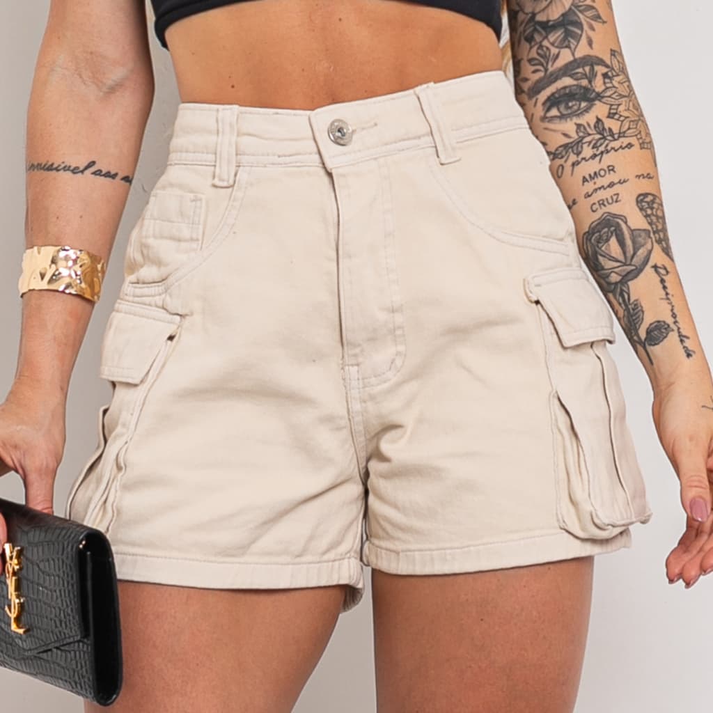 Maisbonitomoda 541 Short cargo Jeans Feminino  Sem Elástico Botões Zíper Bolsos Reais Estilo Retrô Cintura