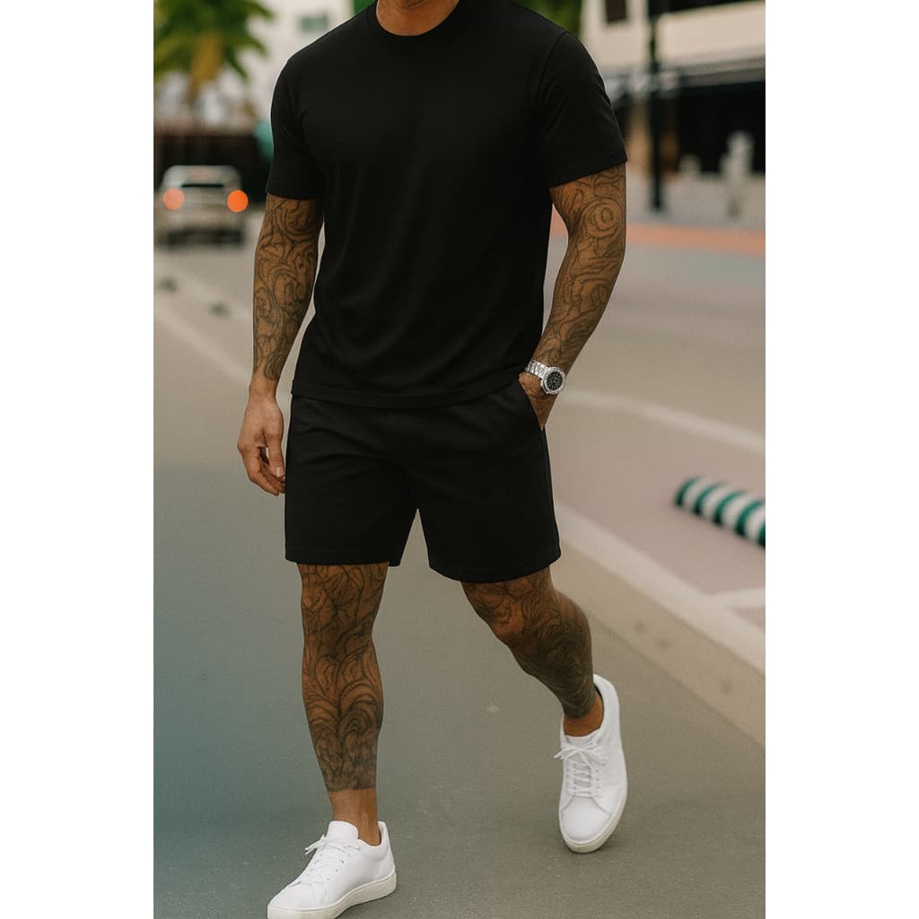 Kit Camiseta Longline e Short Moletim Masculino Bermuda Liso Streetwear Casual Excelente