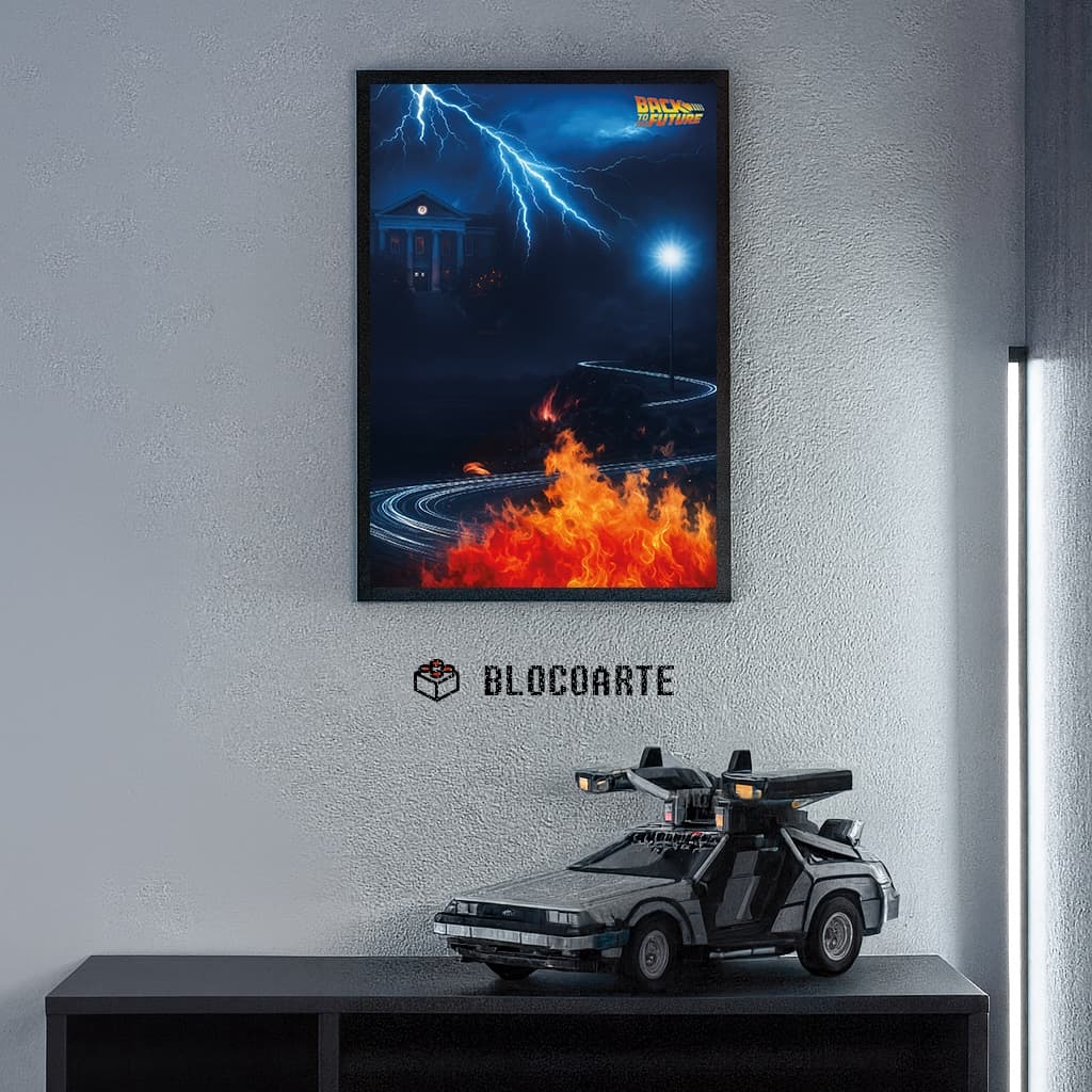 Pôster Expositor DeLorean Back to the Future LEGO 50x70cm Fosco | Com ou Sem Suporte