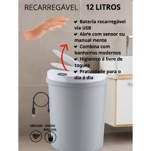 Lixeira Automática Redonda 12 Litros com Sensor Cinza/Branca