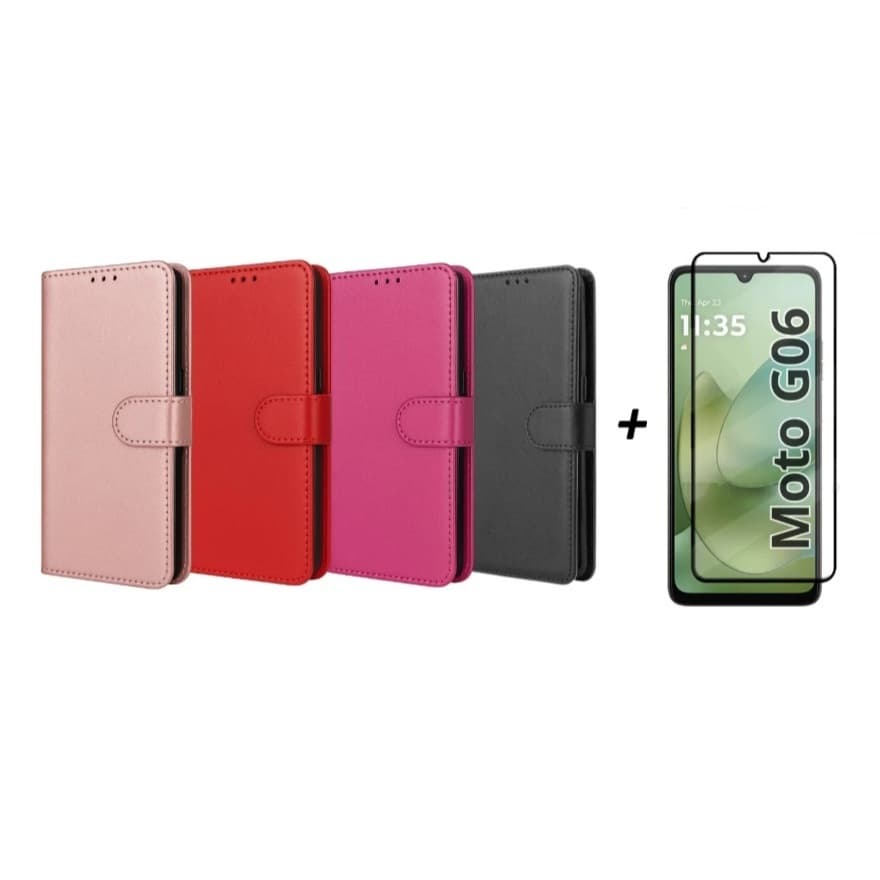 Capa Capinha Case Carteira Couro Flip + Pelicula vidro 3D Motorola Moto G06