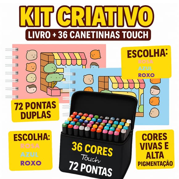 KIT CANETAS 36 CORES TOUCH + LIVRO DE COLORIR PONTA DUPLA PROFISSIONAL PARA ARTISTA INFANTIL PREMIUM