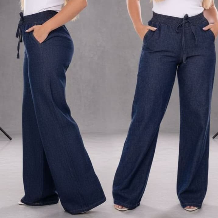 Calça Wide Leg Jeans Feminina Cintura Alta Pantalona 100% Algodão- Tecido Leve