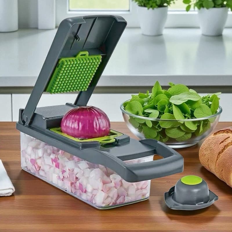 Cortador Ralador Com Reservatório Pote Inox 18 em 1 Fatiar Picar Temperos Legumes Salada Alimentos Rápido Sem Sujeira