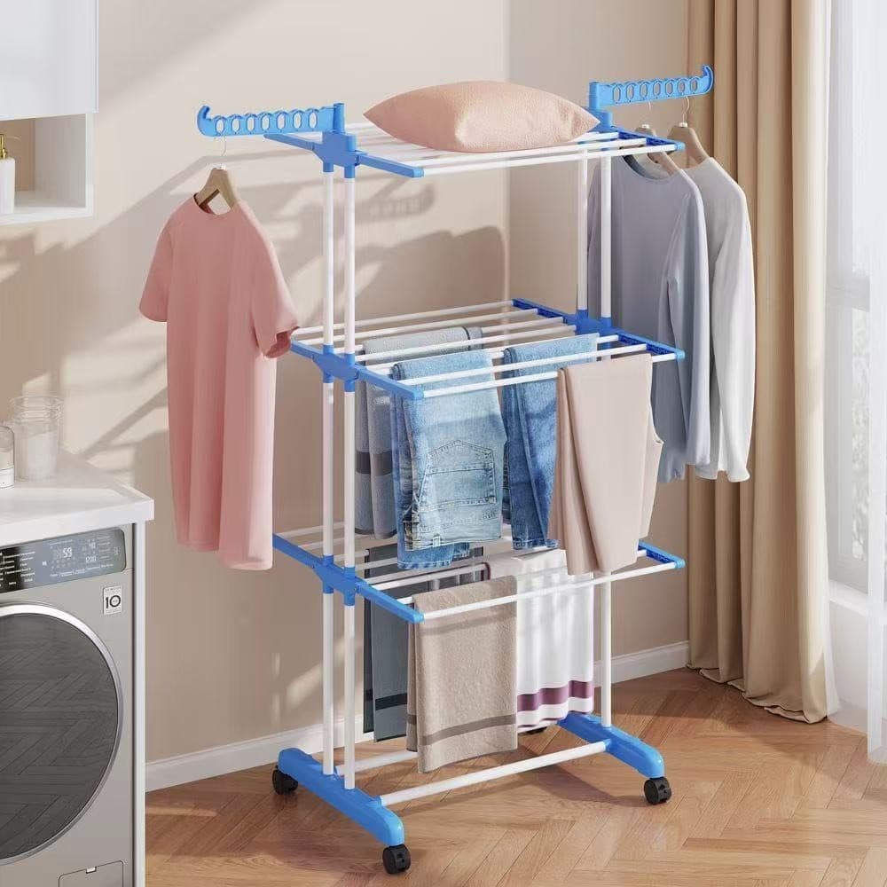 Varal De Chão 3 Andares Grande Dobrável Com Rodas - Para Apartamento Lavanderia Roupas Branca Secar