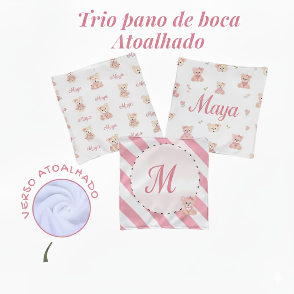Kit 3 Panos de Boca Personalizado Com Nome Estampas Bichinhos Fofa Paninho de Boca Atoalhado Fraldinha de Boca com Nome