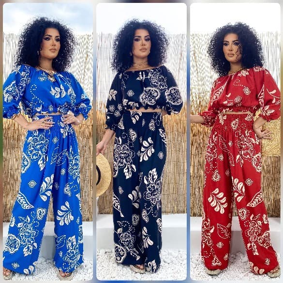 Conjunto Feminino 2 Peças – Ciganinha Manga Bufante | Calça Pantalona Wide Leg | Duna Estampado | Cintura Elastéx