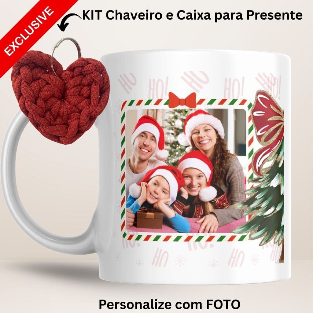 Caneca personalizada com foto+ caixa para presente + chaveiro fio de malha- presente de natal