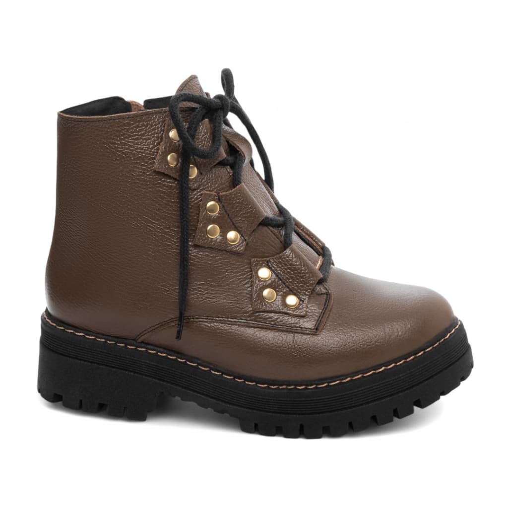 Coturno Bota Tratorada Couro Militar/Motociclista Cadarço Zíper Apliques Conforto Cacharrel Premium
