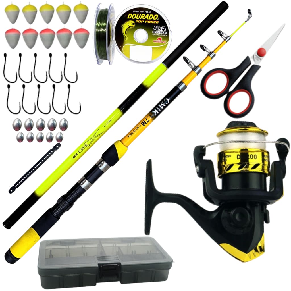 Kit Completo Molinete Pesca Vara Telescopica Mão 3 Metros Praia Rio Represa Robalo Tucunare Traira