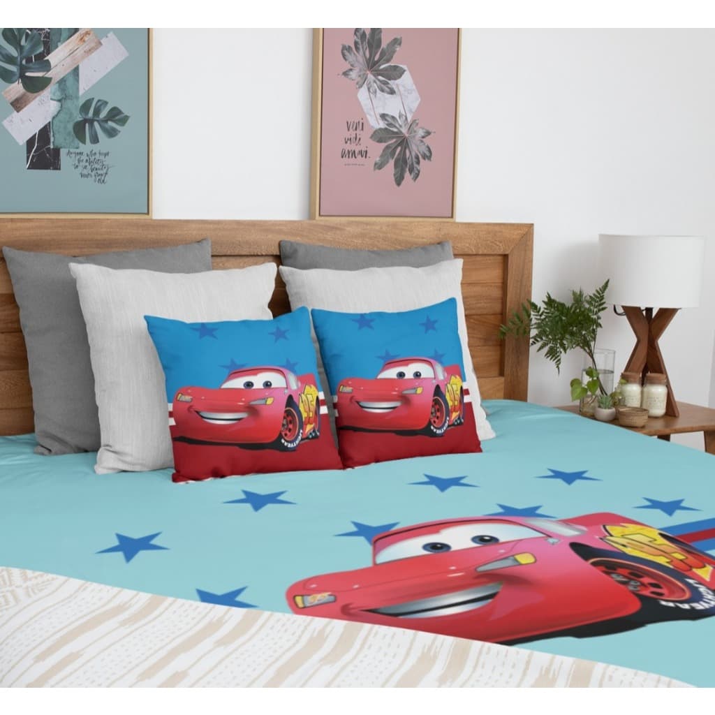 Lençol de Elástico Azul + Fronha Carros Mcqueen Presente de Natal