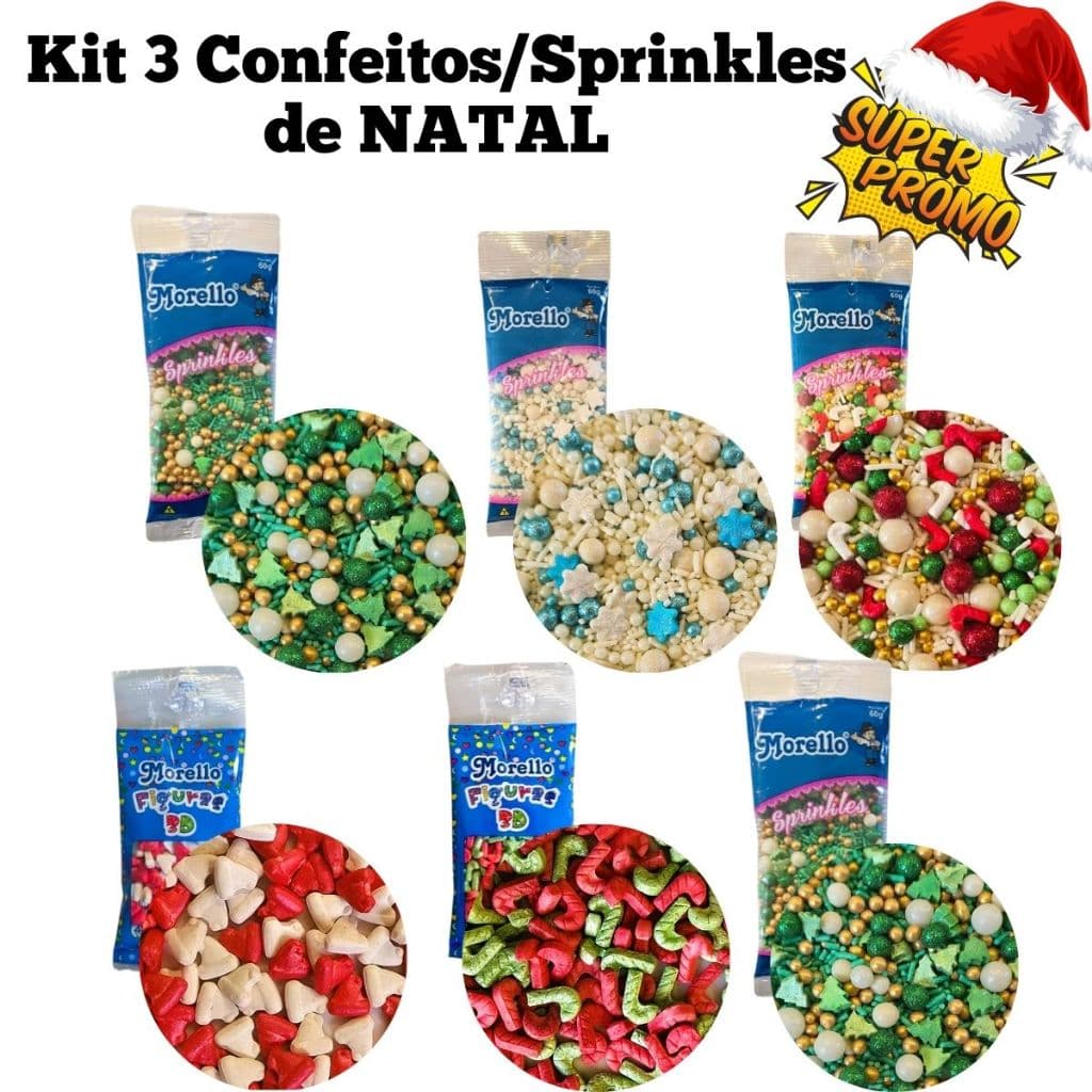 Kit 3 Sprinkles Confeitos de Natal Comestíveis de Açúcar Natalinos para Doces Brigadeiros Bolos
