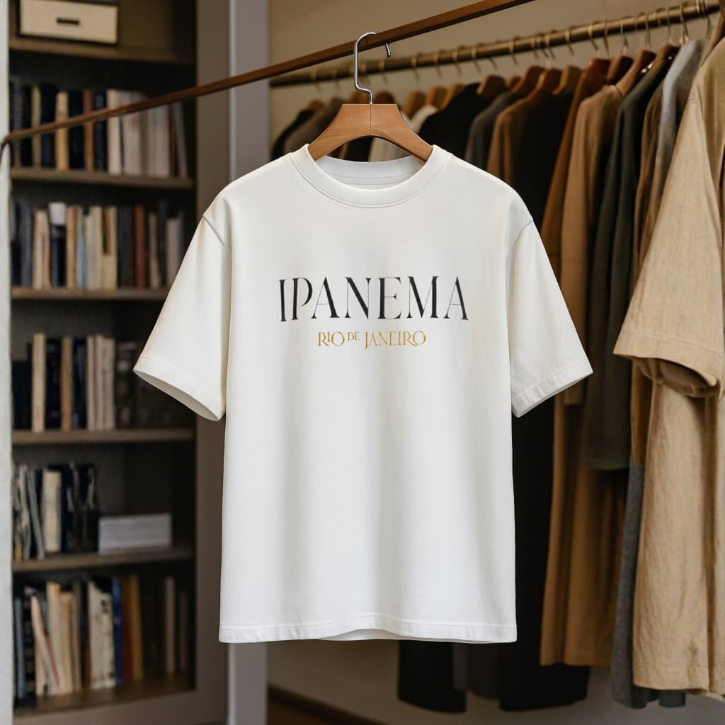 Camiseta Masculina Estampada ✨ Ipanema Branco Estiloso – 100% Algodão, Conforto, Minimalista e Moderna