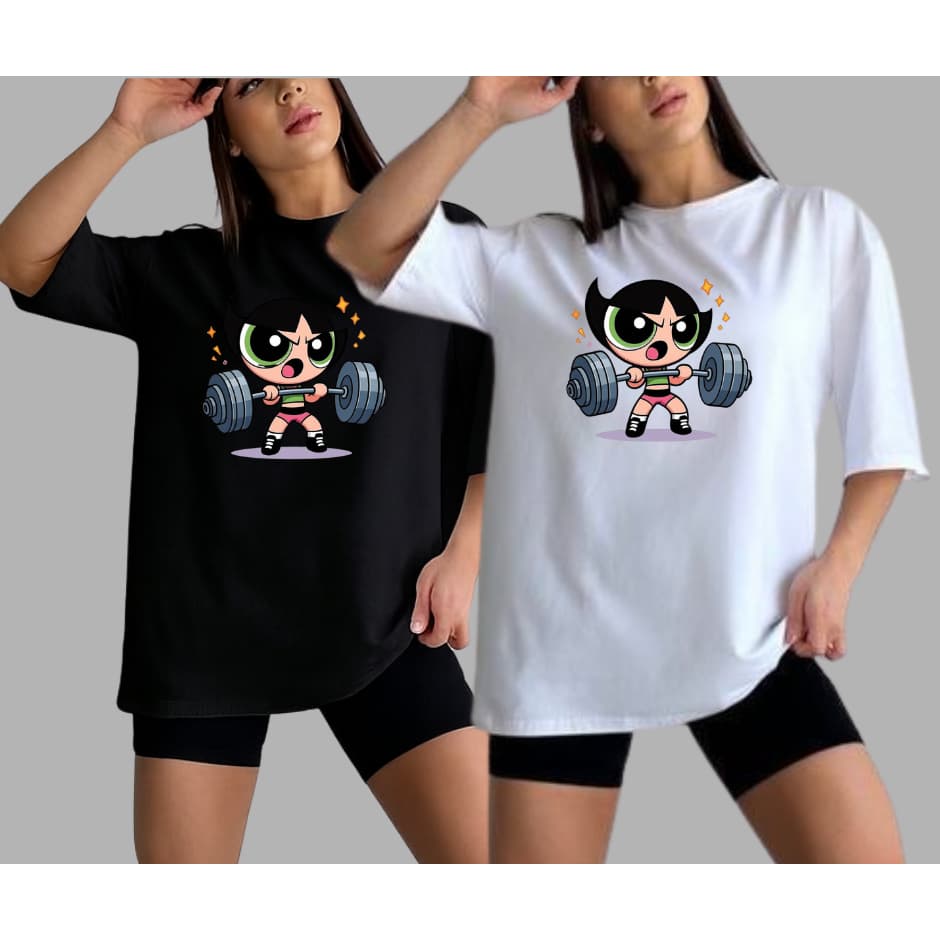 Kit 2 Blusa Feminina Camisetão Meninas Super Poderosas Gym Academia 100% algodão - Preta e Branca