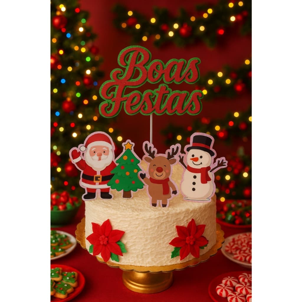 Topo de Bolo Natalino 3D – “Feliz Natal / Boas Festas” + Personagens – Papai Noel, Rena, Boneco de Neve e Árvore