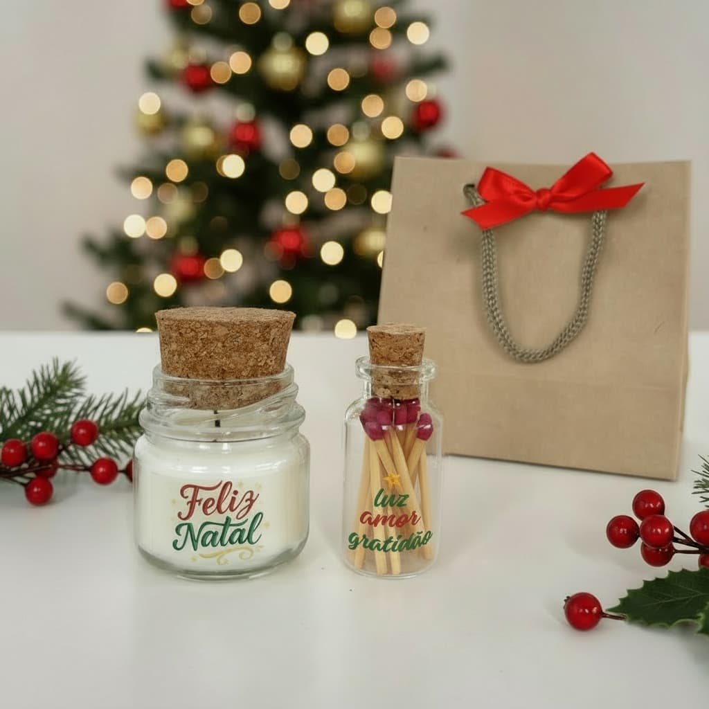 Mini Vela Aromática perfumada + potinho para fósforo + sacolinha kraft - Lembrancinha Natal