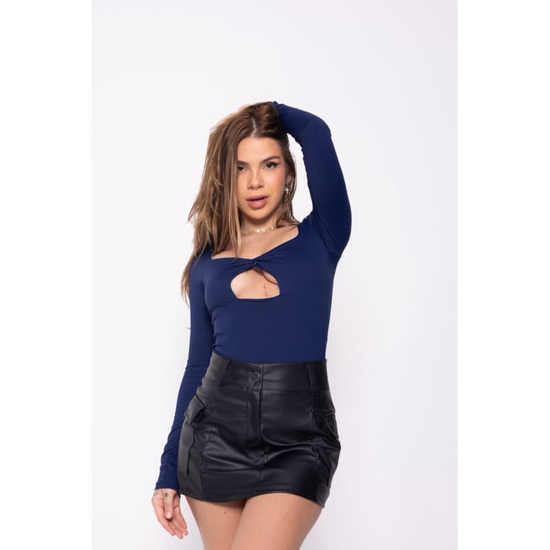 Body Chloé Azul Marinho em Poliamida | Manga Longa | Detalhe Torcido | Confortável e Elegante