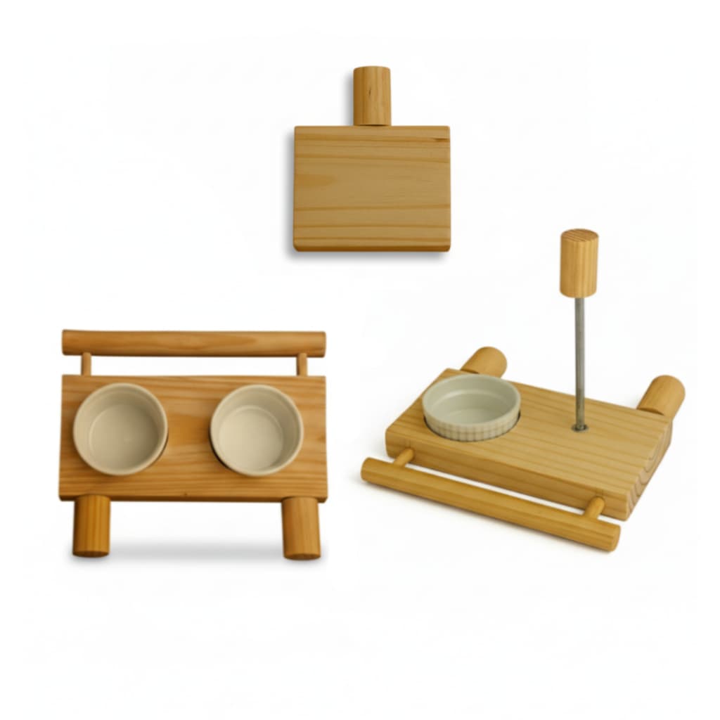 Comedouro Para Aves Porcelana + Suporte Frutas Porcelana + Plataforma Descanso