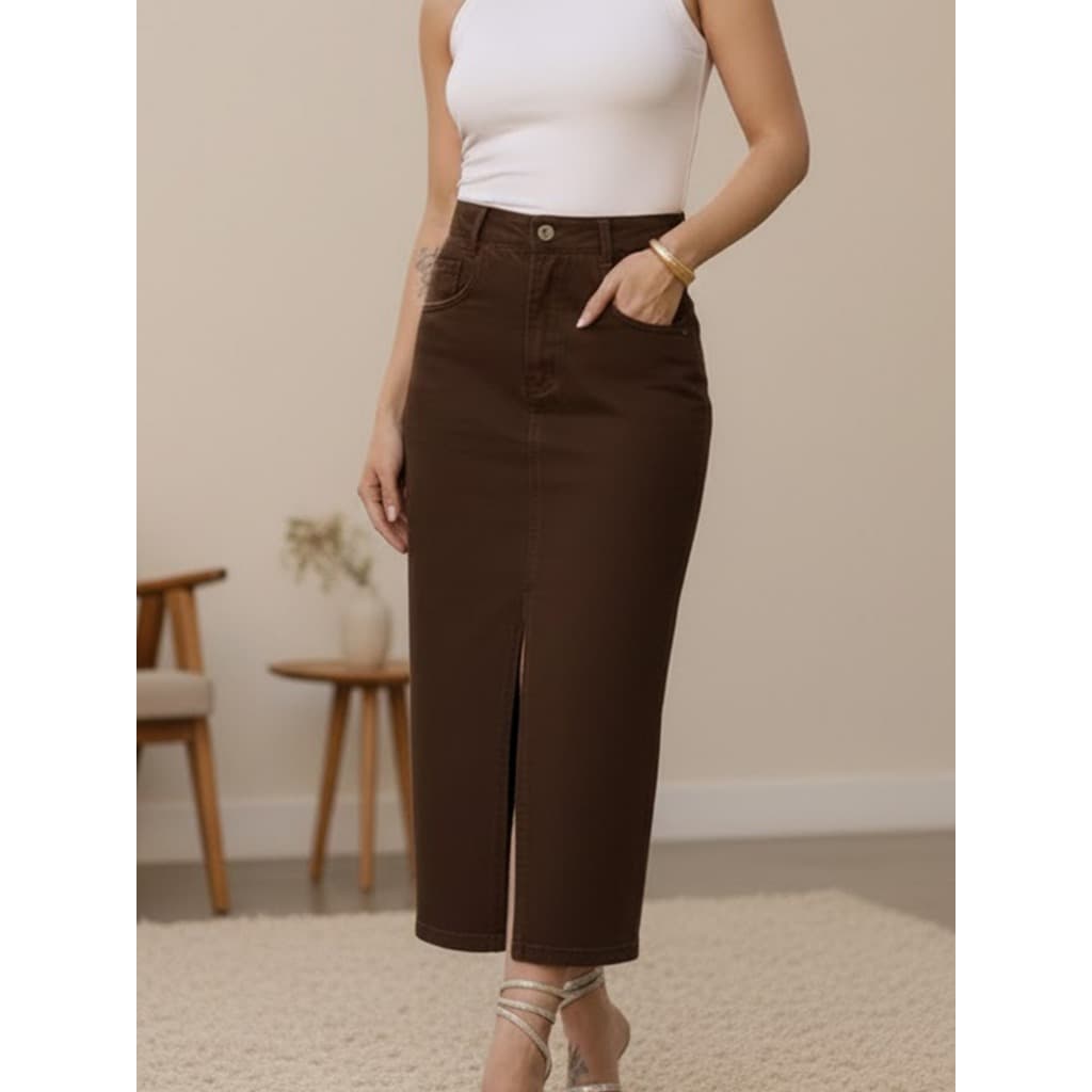 Saia jeans cintura alta Fenda no meio, casual, elegante, simples e elegante