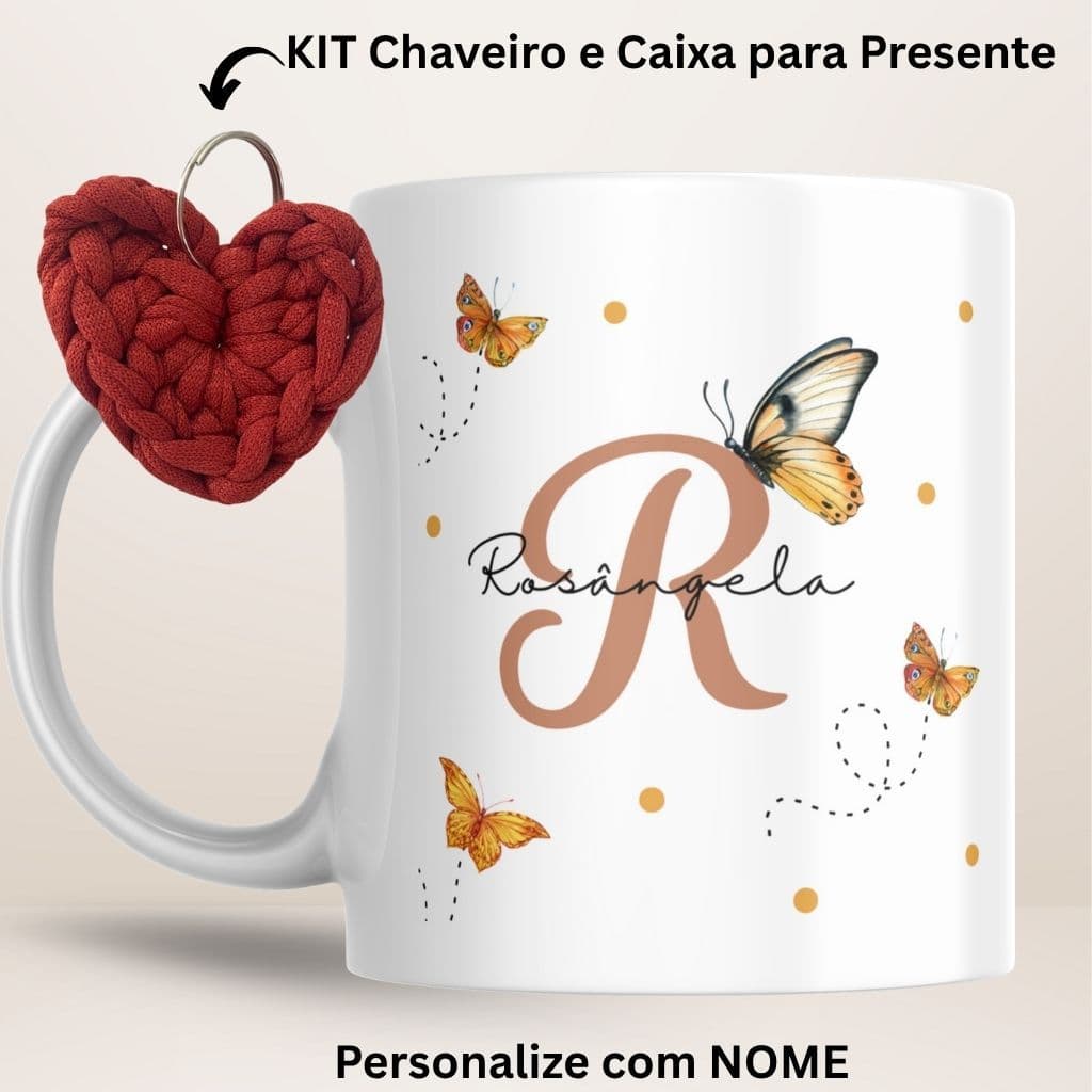 Caneca Personalizada Nome Borboletas + chaveiro fio de malha + caixa coração Presente Especial