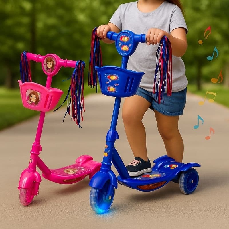 Patinete Infantil 3 Rodas Dobrável com Luz e Som, Cestinha e Freio | 3+ | até 35kg | Rosa/Azul